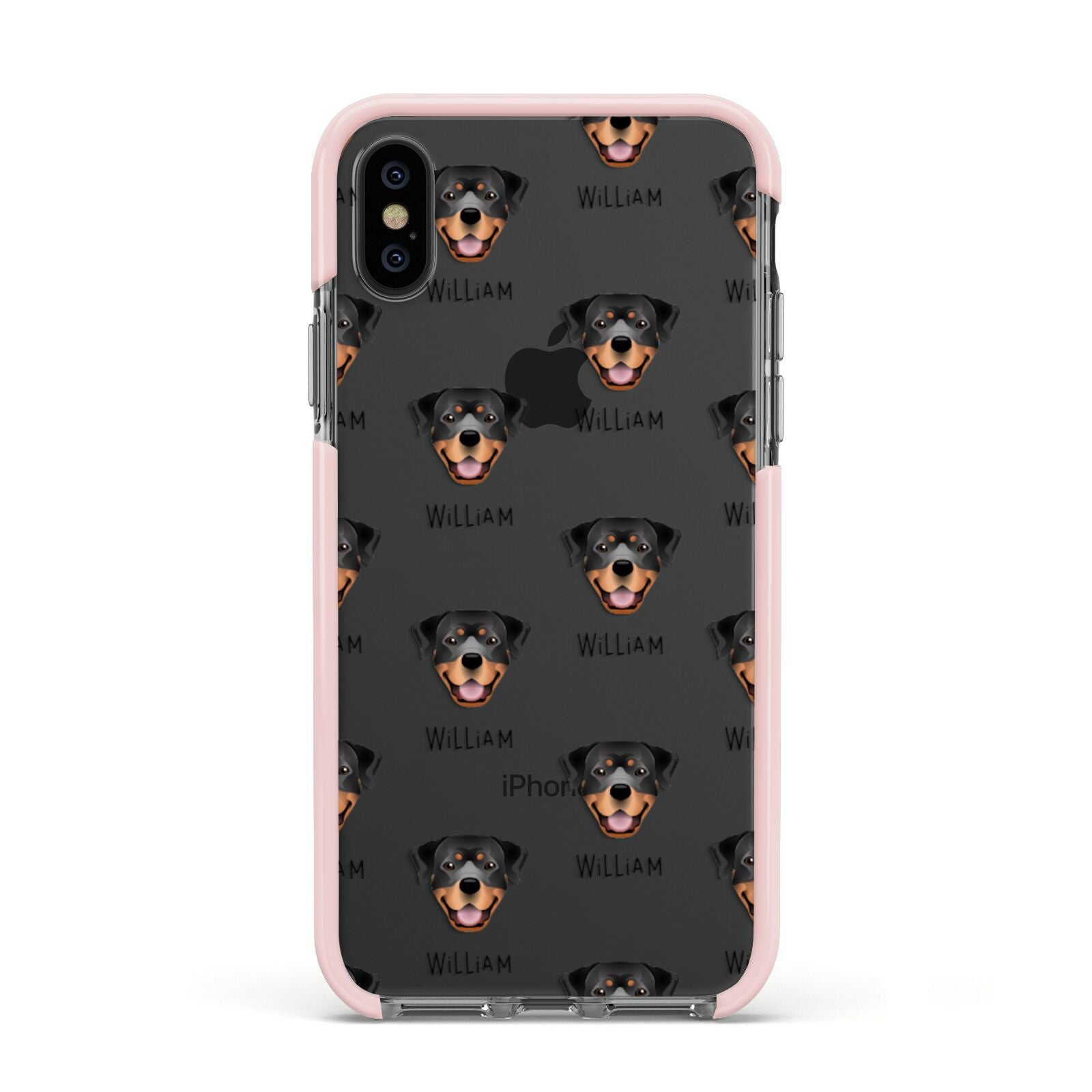 Rottweiler Icon with Name Apple iPhone Xs Impact Case Pink Edge on Black Phone