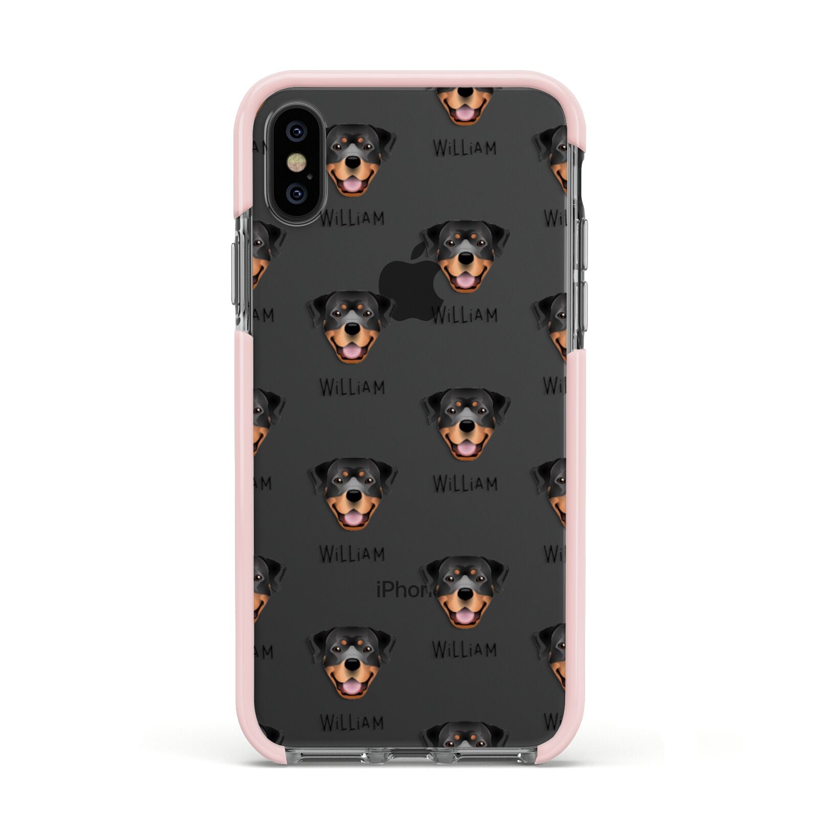 Rottweiler Icon with Name Apple iPhone Xs Impact Case Pink Edge on Black Phone