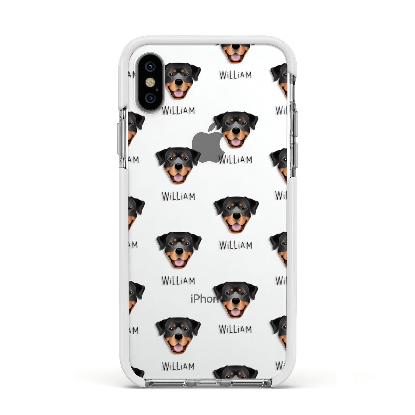 Rottweiler Icon with Name Apple iPhone Xs Impact Case White Edge on Silver Phone