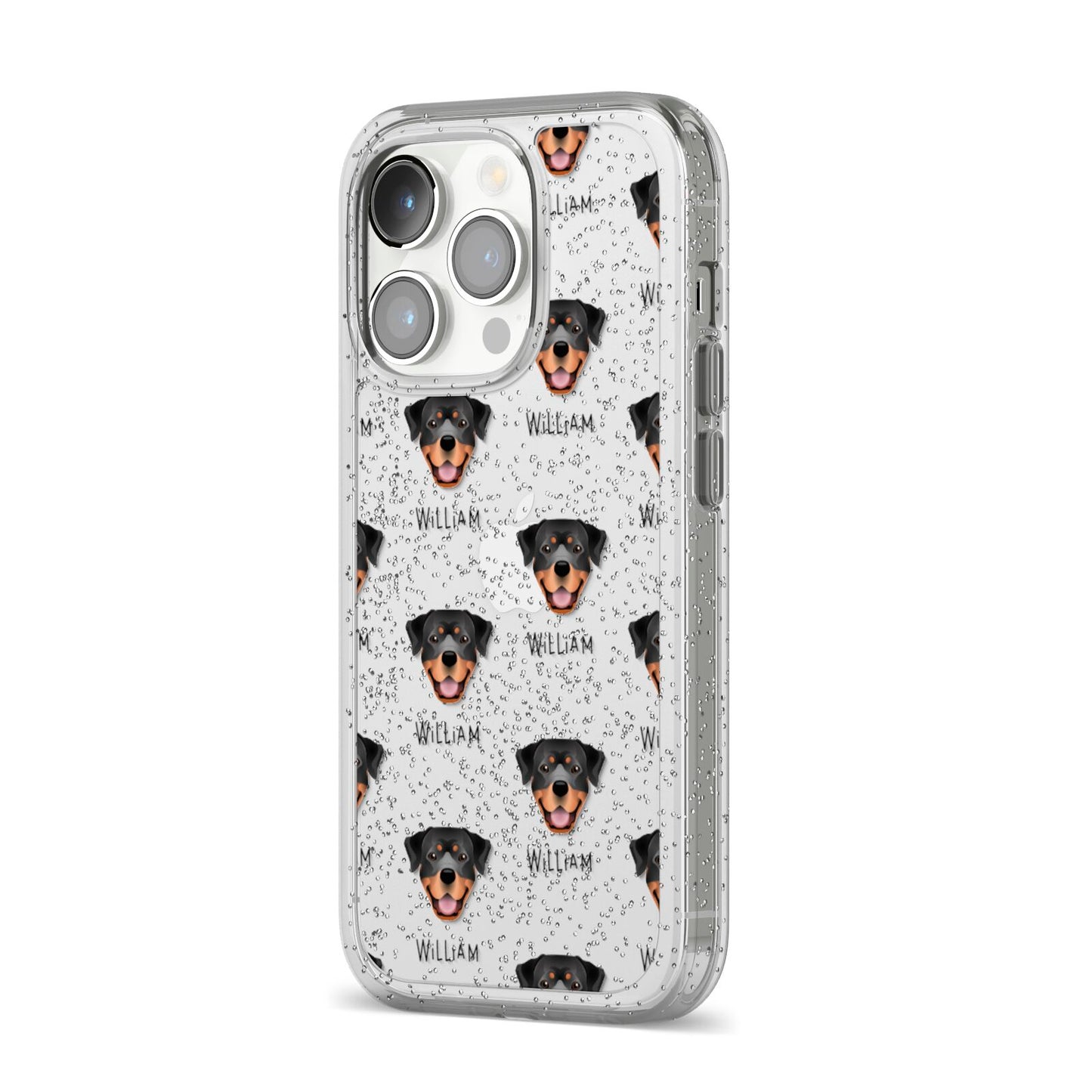 Rottweiler Icon with Name iPhone 14 Pro Glitter Tough Case Silver Angled Image