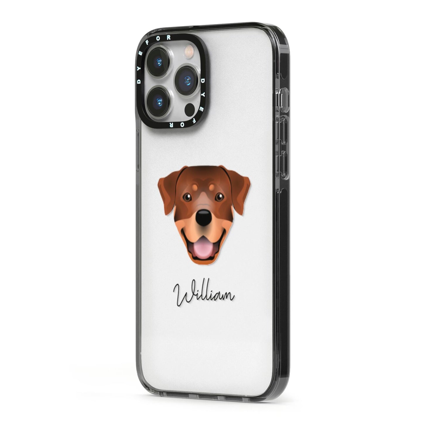 Rottweiler Personalised iPhone 13 Pro Max Black Impact Case Side Angle on Silver phone