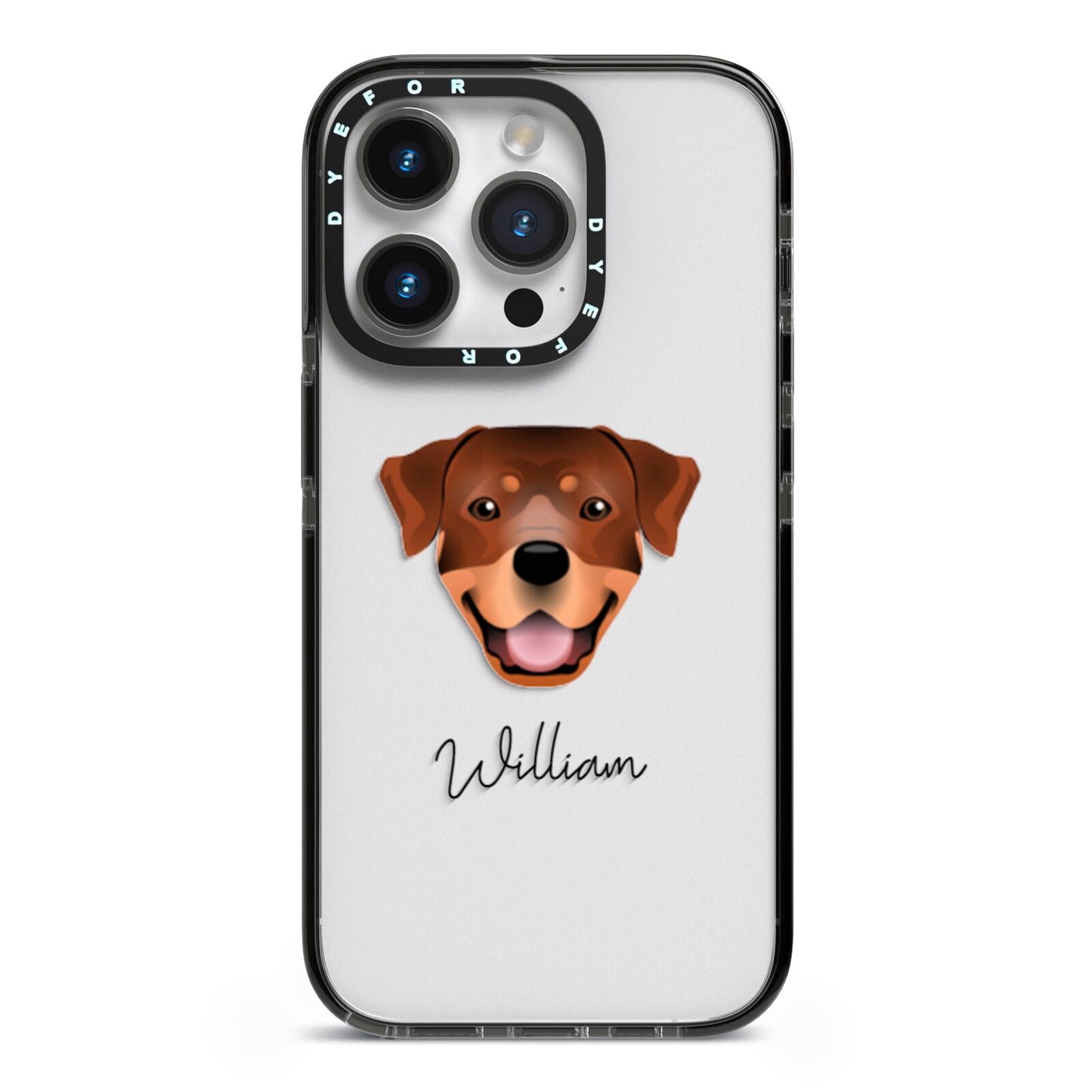 Rottweiler Personalised iPhone 14 Pro Black Impact Case on Silver phone