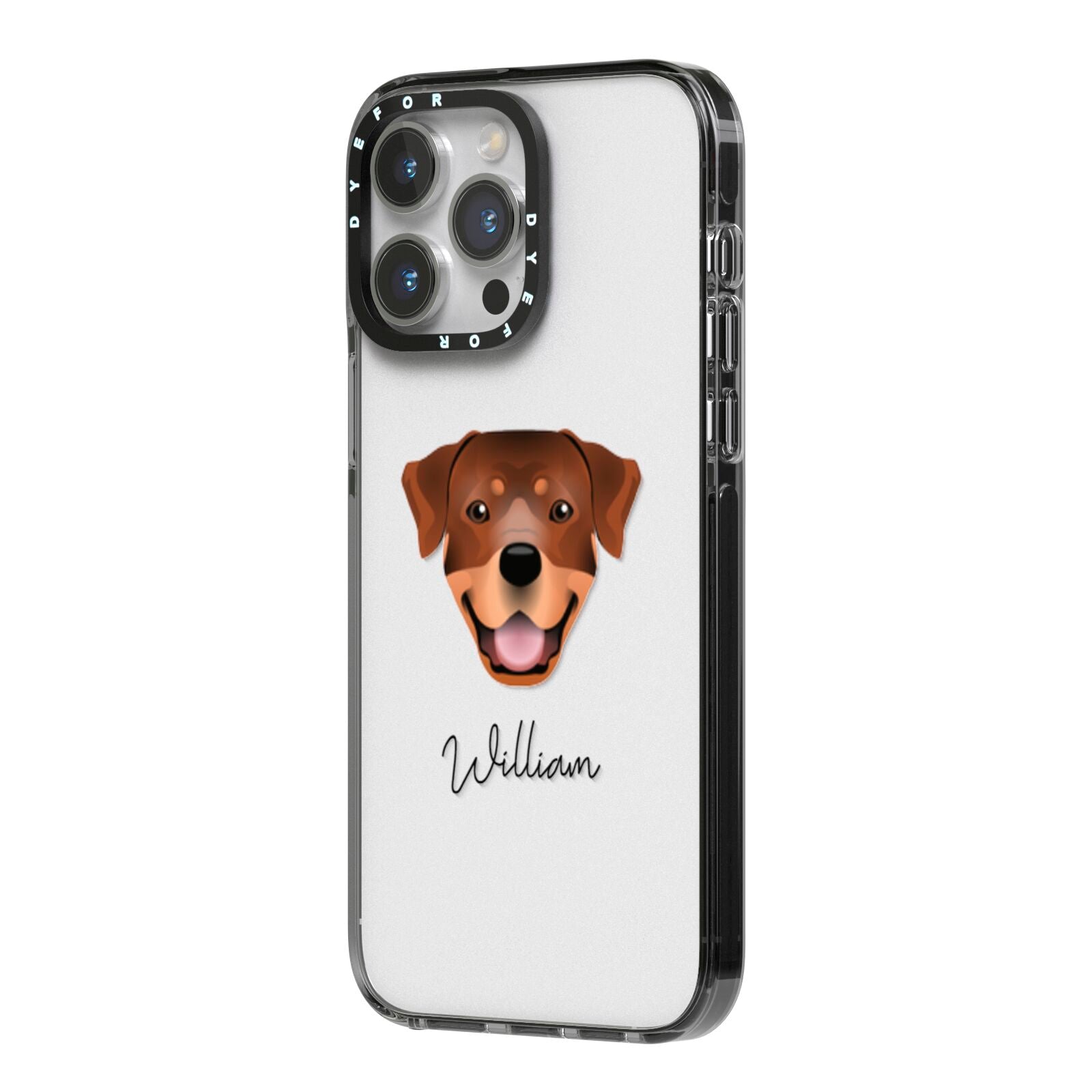 Rottweiler Personalised iPhone 14 Pro Max Black Impact Case Side Angle on Silver phone