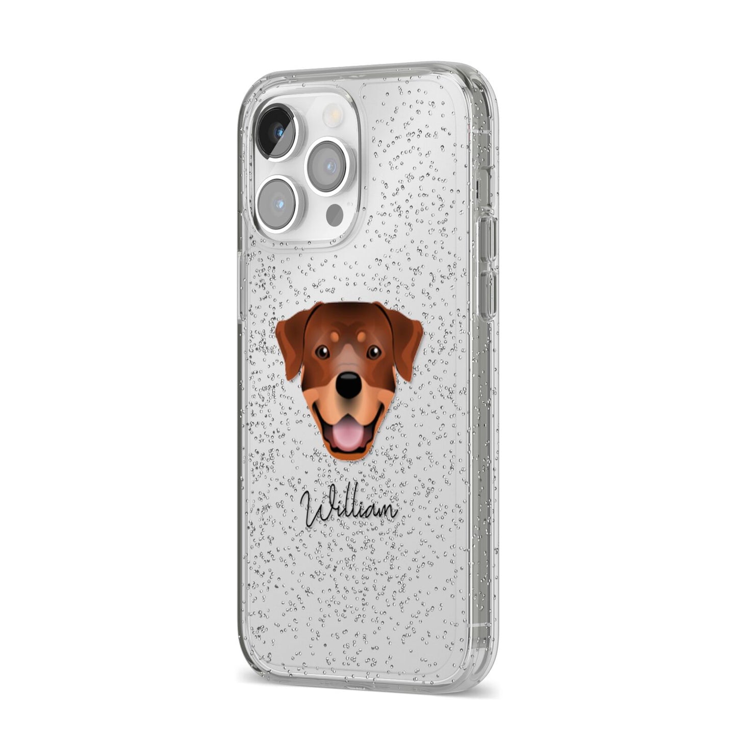 Rottweiler Personalised iPhone 14 Pro Max Glitter Tough Case Silver Angled Image