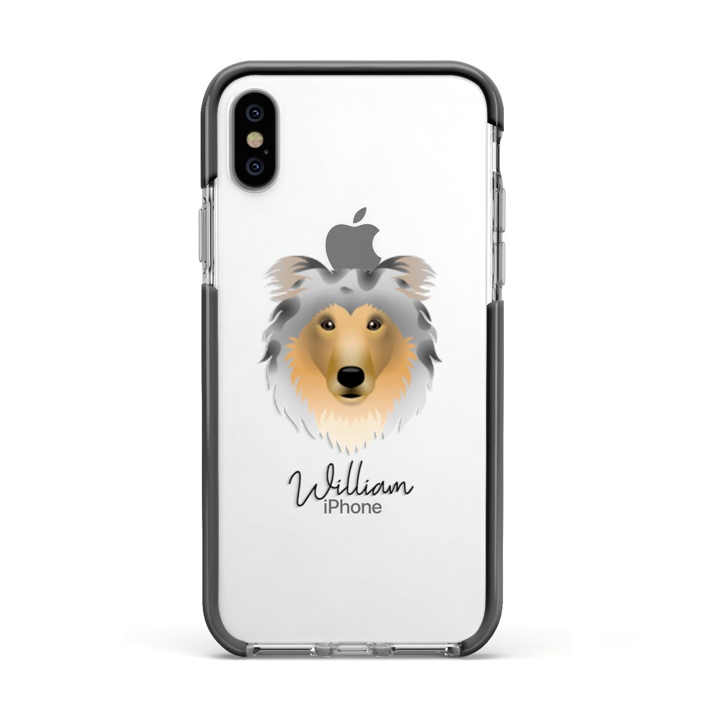 Rough Collie Personalised Apple iPhone Xs Impact Case Black Edge on Silver Phone
