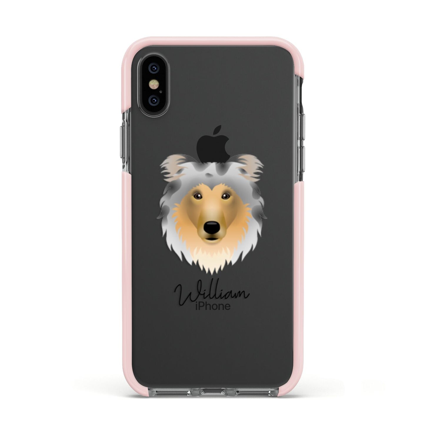Rough Collie Personalised Apple iPhone Xs Impact Case Pink Edge on Black Phone