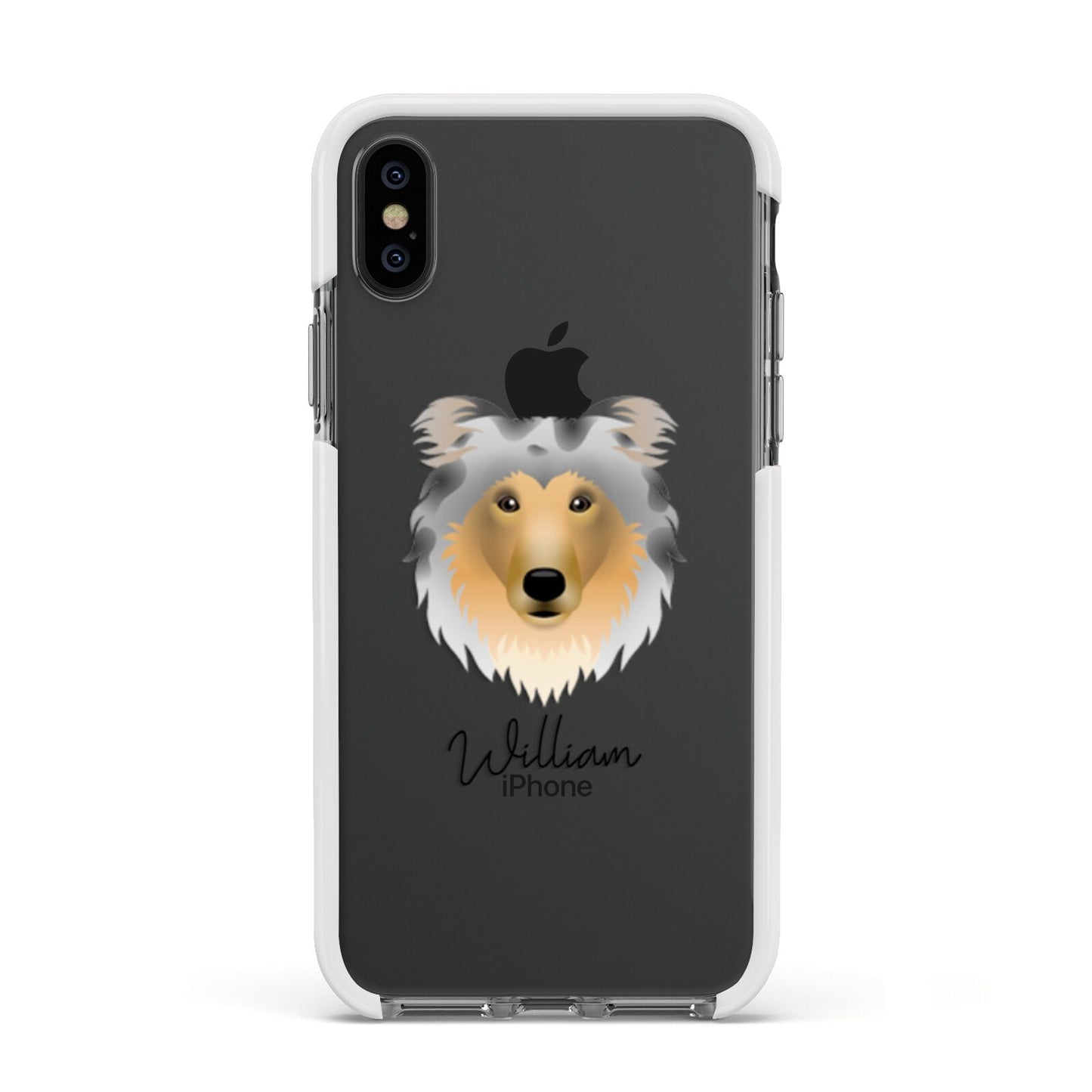 Rough Collie Personalised Apple iPhone Xs Impact Case White Edge on Black Phone