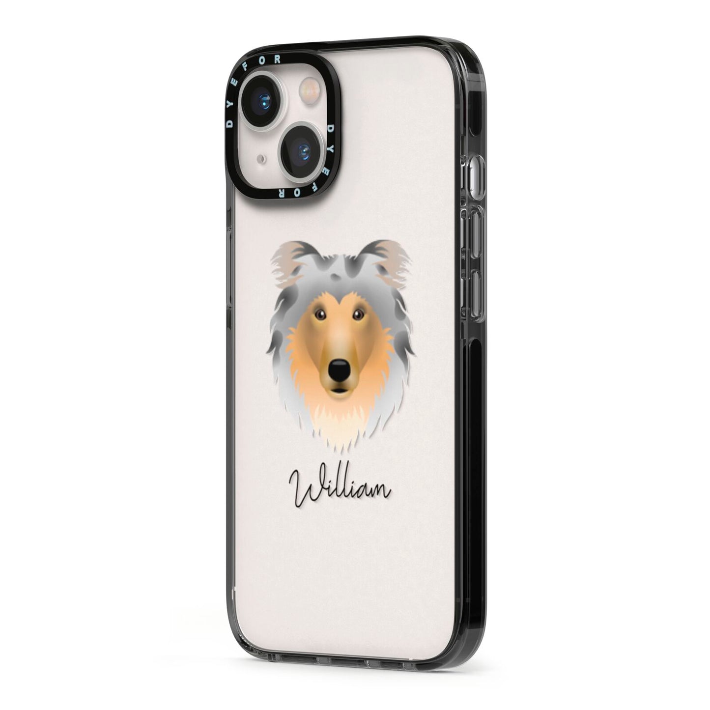 Rough Collie Personalised iPhone 13 Black Impact Case Side Angle on Silver phone