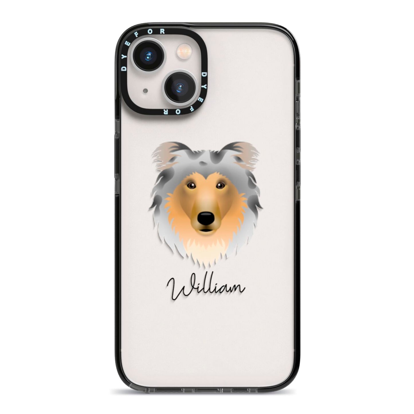 Rough Collie Personalised iPhone 13 Black Impact Case on Silver phone