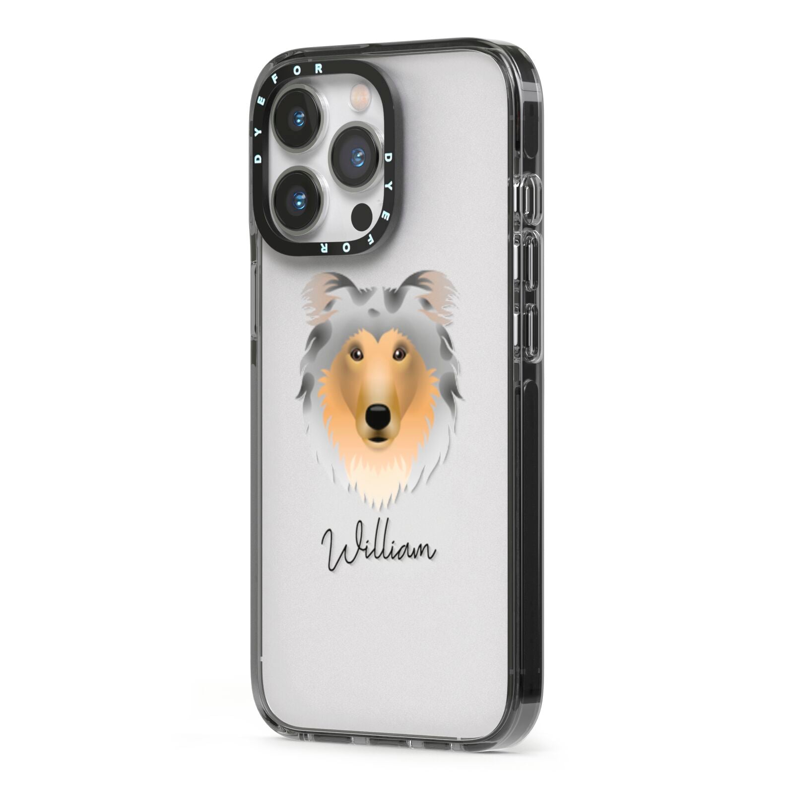 Rough Collie Personalised iPhone 13 Pro Black Impact Case Side Angle on Silver phone