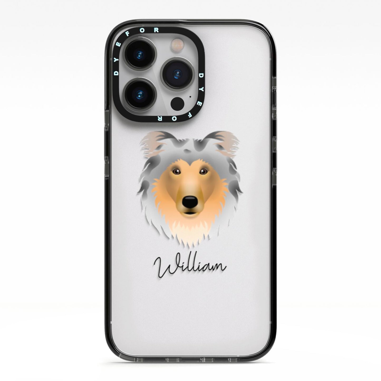 Rough Collie Personalised iPhone 13 Pro Black Impact Case on Silver phone
