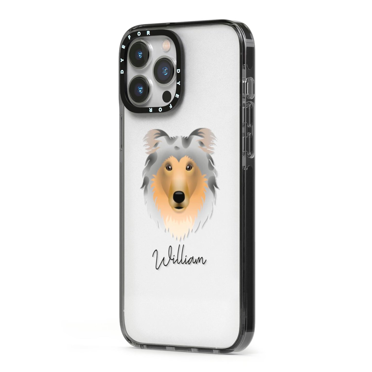 Rough Collie Personalised iPhone 13 Pro Max Black Impact Case Side Angle on Silver phone