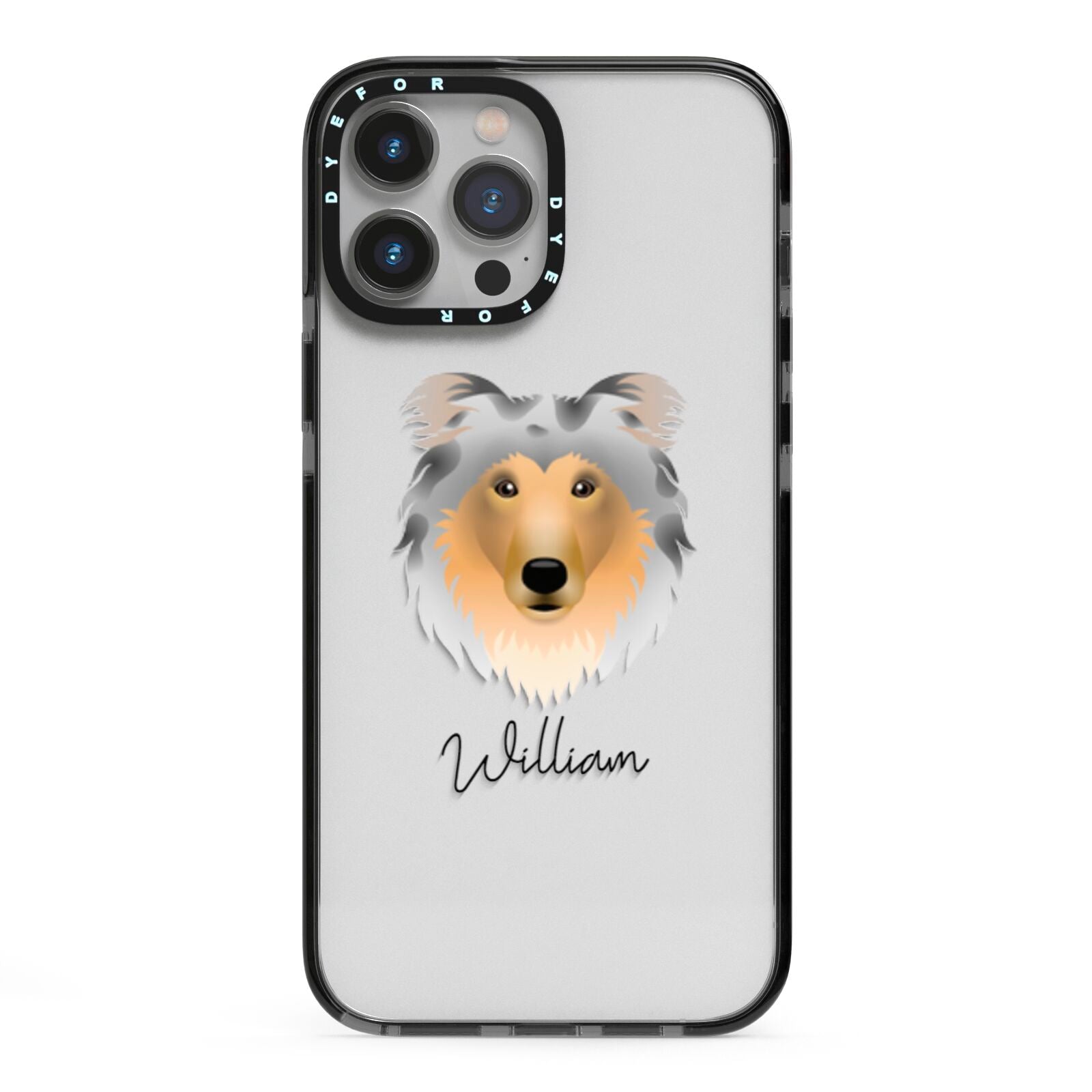 Rough Collie Personalised iPhone 13 Pro Max Black Impact Case on Silver phone