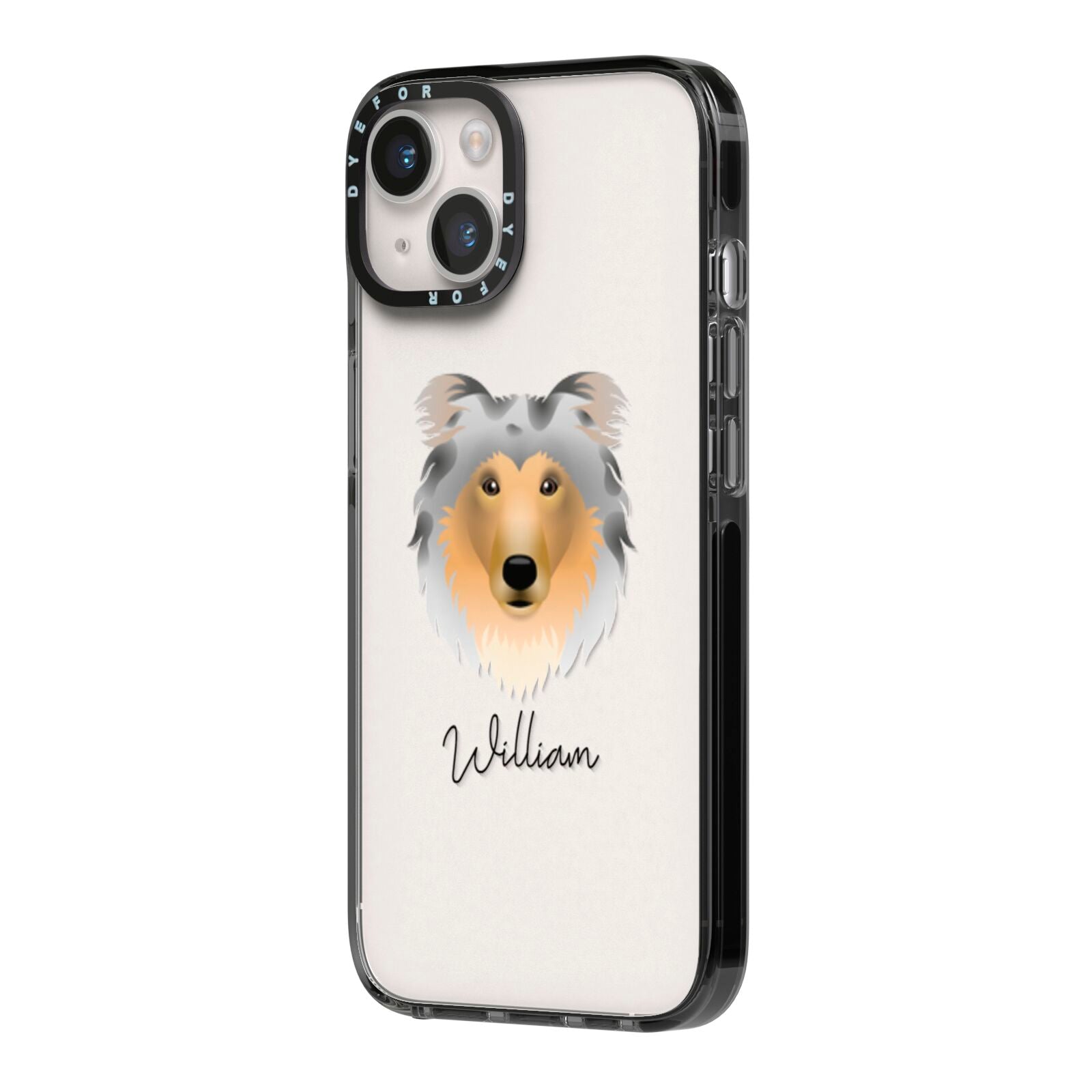 Rough Collie Personalised iPhone 14 Black Impact Case Side Angle on Silver phone