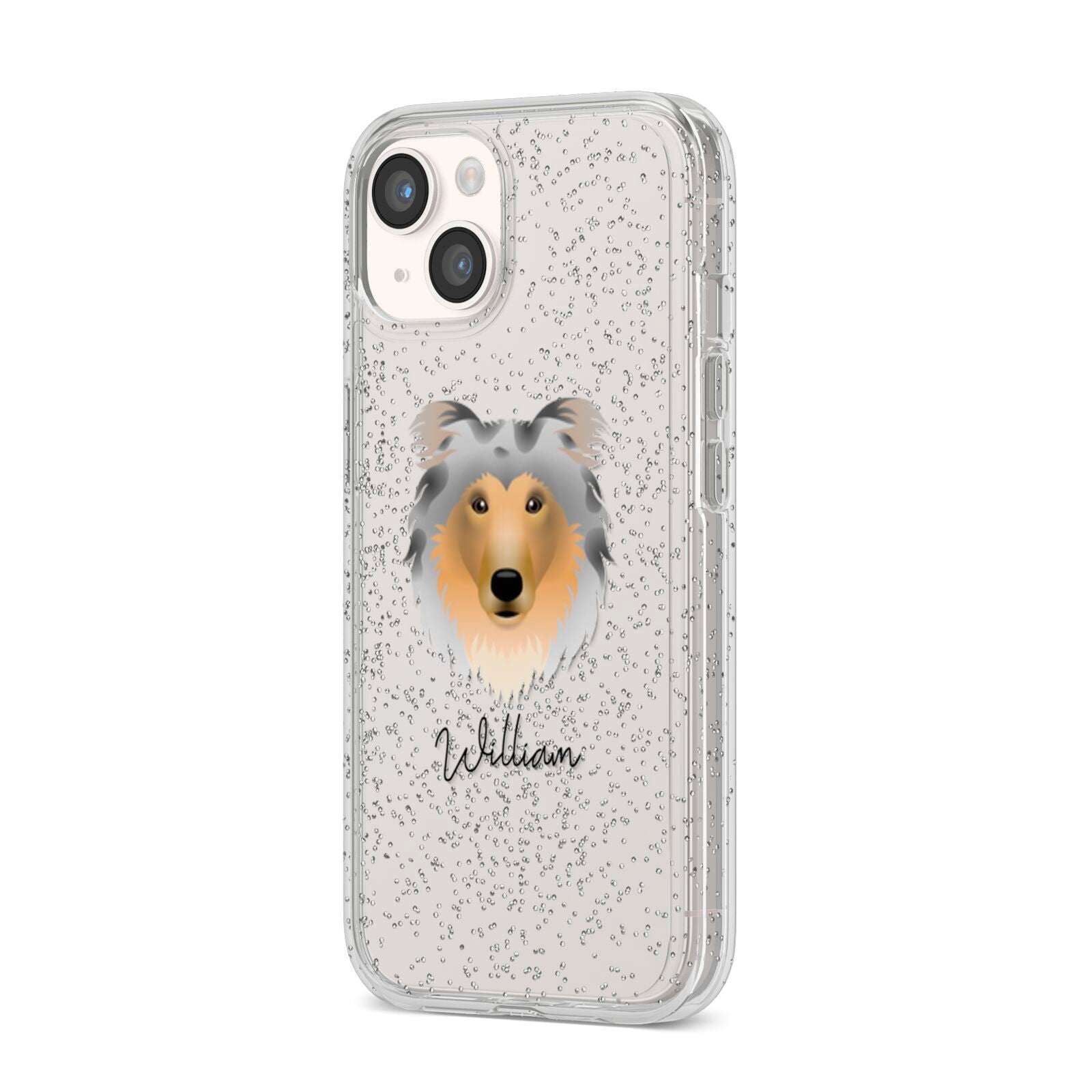 Rough Collie Personalised iPhone 14 Glitter Tough Case Starlight Angled Image