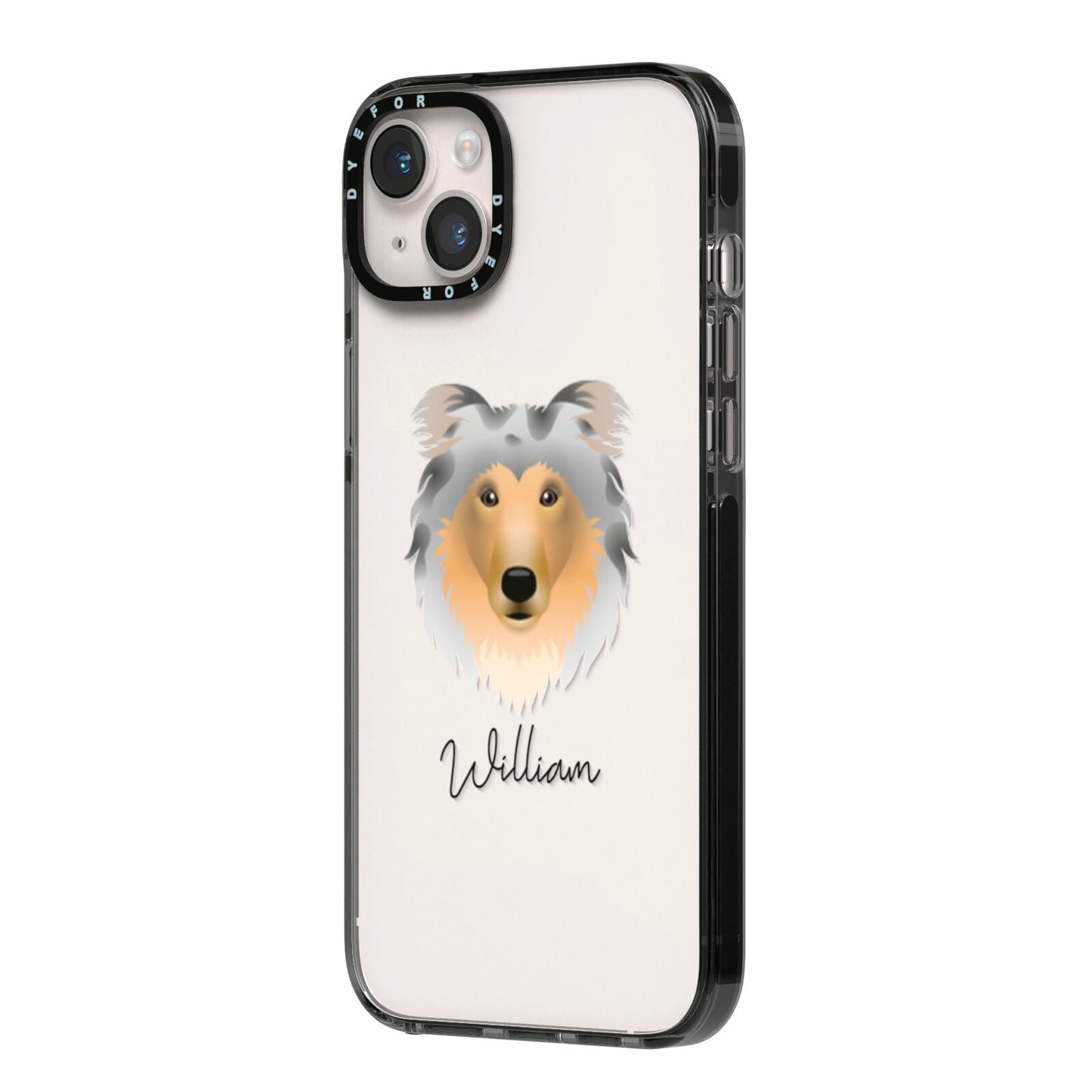 Rough Collie Personalised iPhone 14 Plus Black Impact Case Side Angle on Silver phone