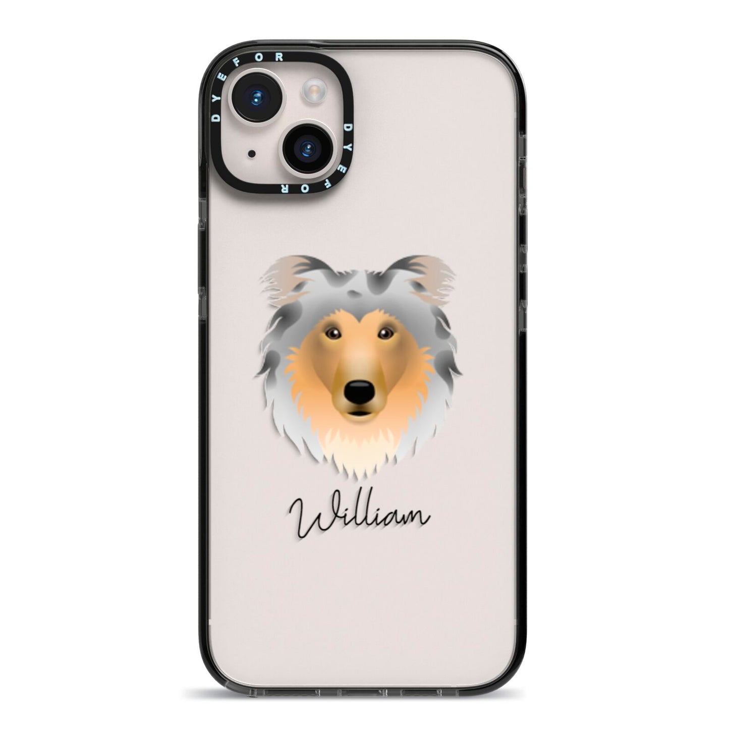 Rough Collie Personalised iPhone 14 Plus Black Impact Case on Silver phone