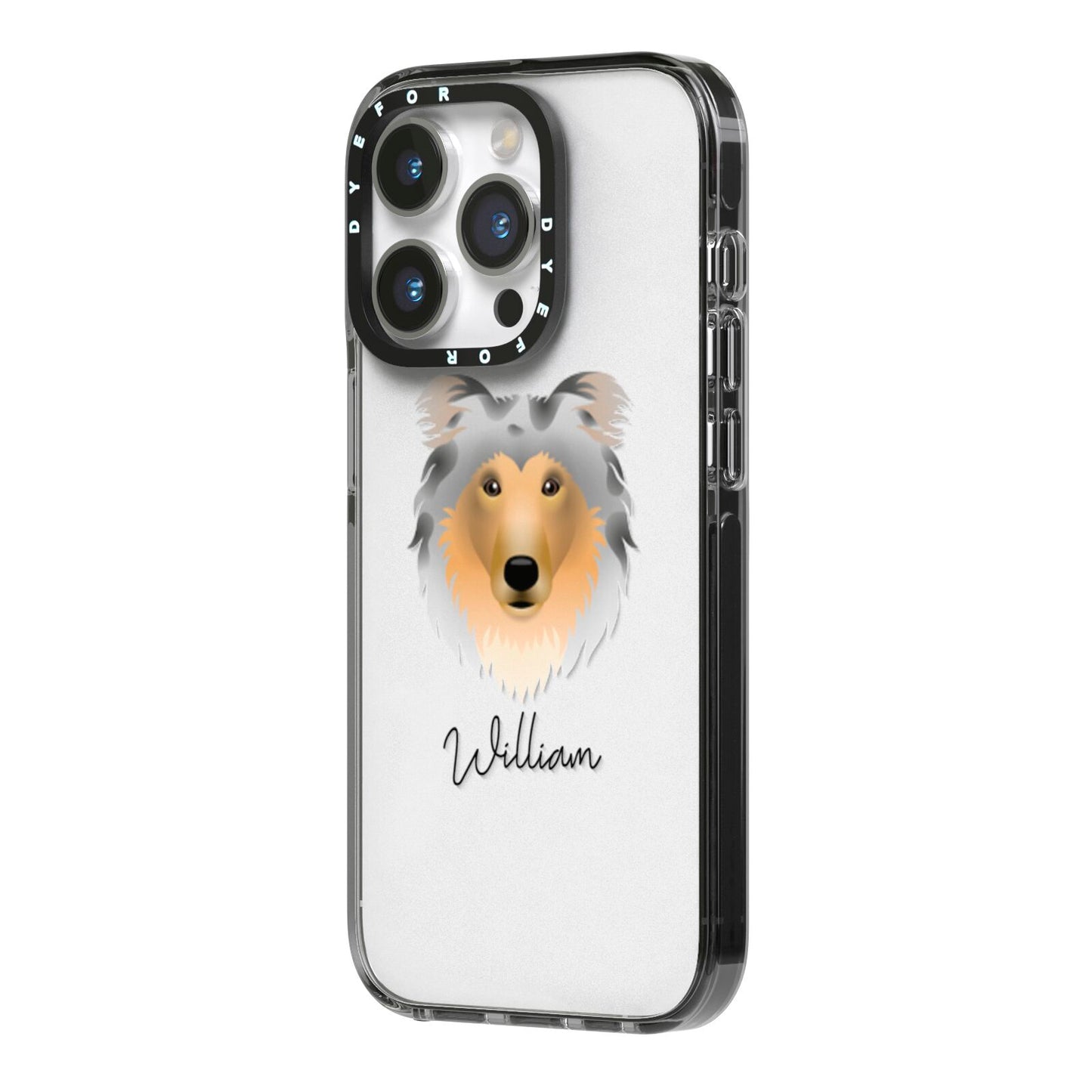 Rough Collie Personalised iPhone 14 Pro Black Impact Case Side Angle on Silver phone