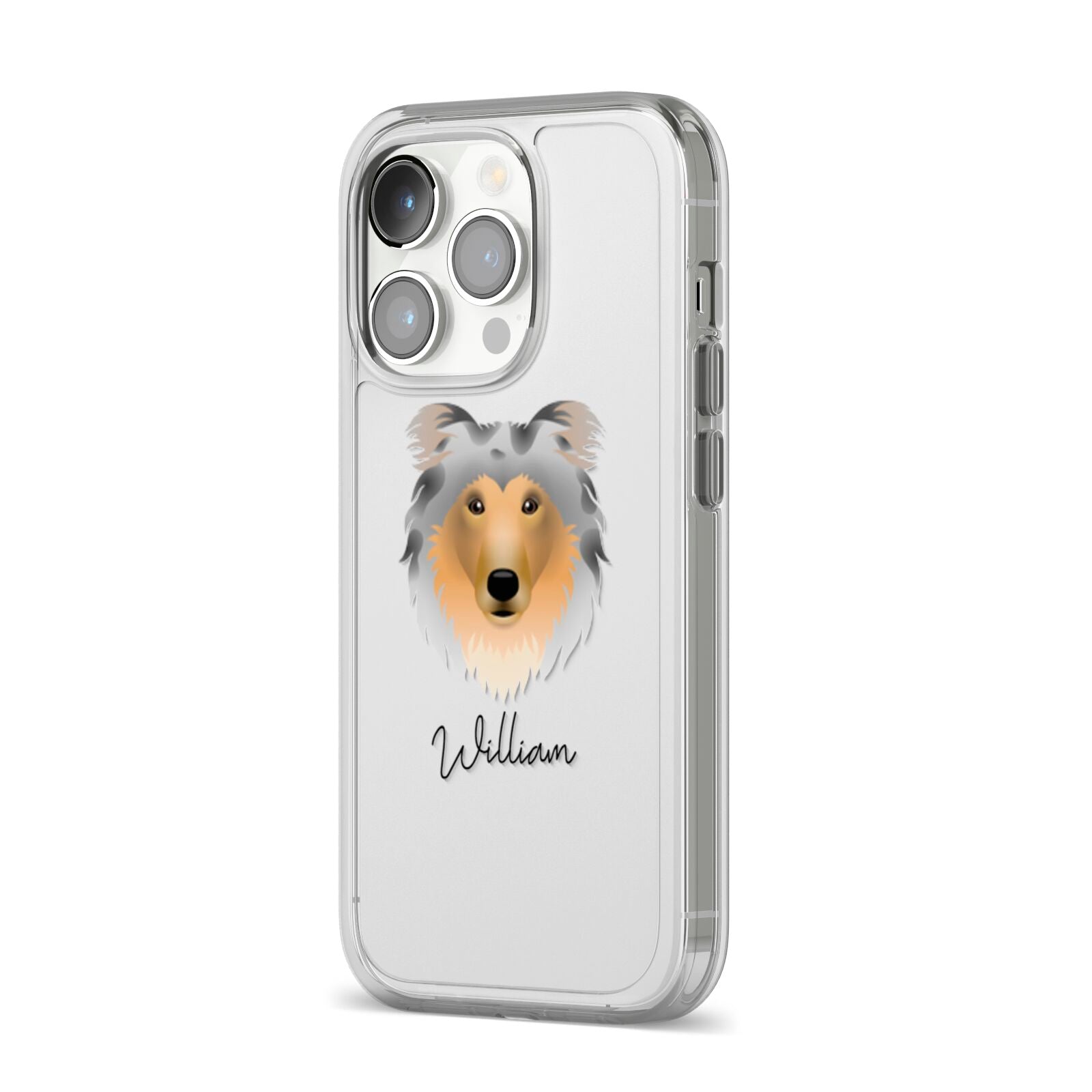 Rough Collie Personalised iPhone 14 Pro Clear Tough Case Silver Angled Image