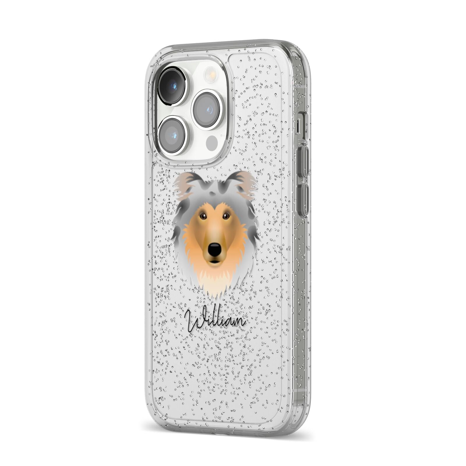 Rough Collie Personalised iPhone 14 Pro Glitter Tough Case Silver Angled Image