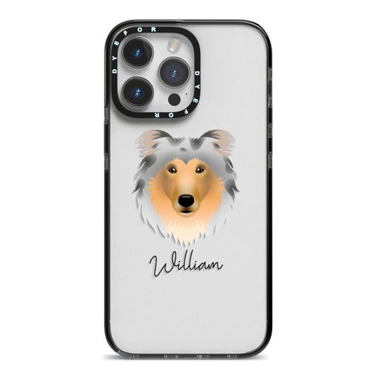 Rough Collie Personalised iPhone 14 Pro Max Black Impact Case on Silver phone