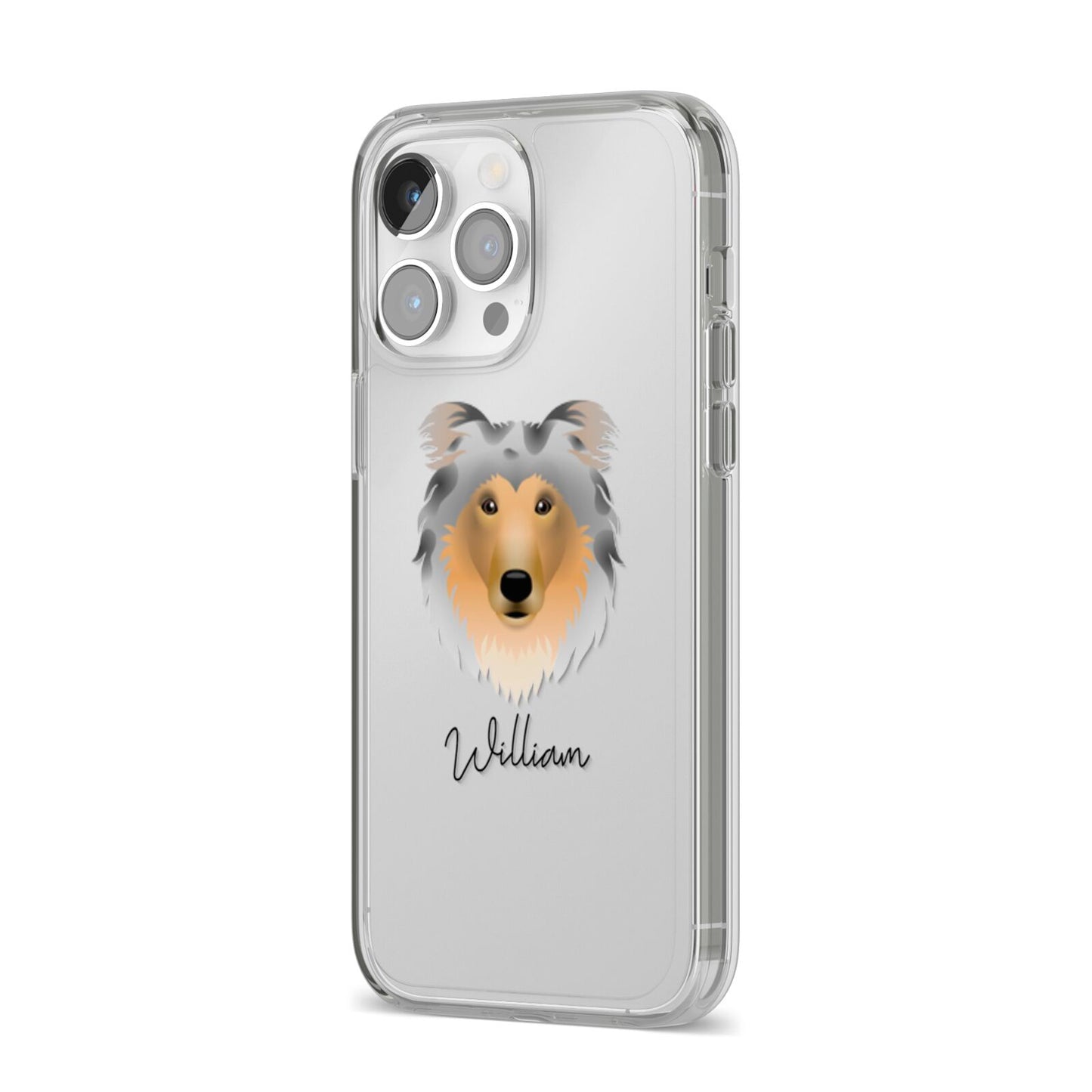 Rough Collie Personalised iPhone 14 Pro Max Clear Tough Case Silver Angled Image