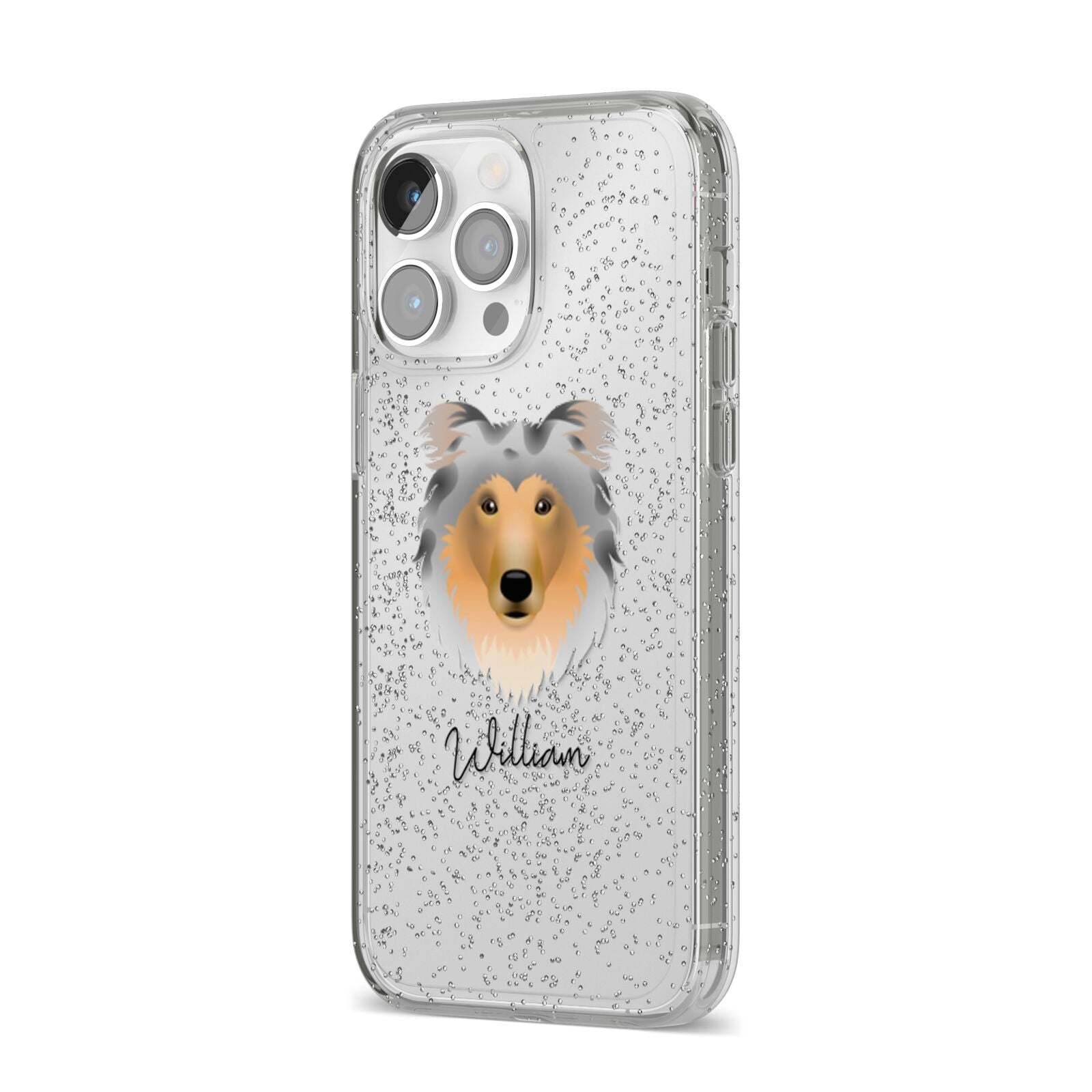Rough Collie Personalised iPhone 14 Pro Max Glitter Tough Case Silver Angled Image