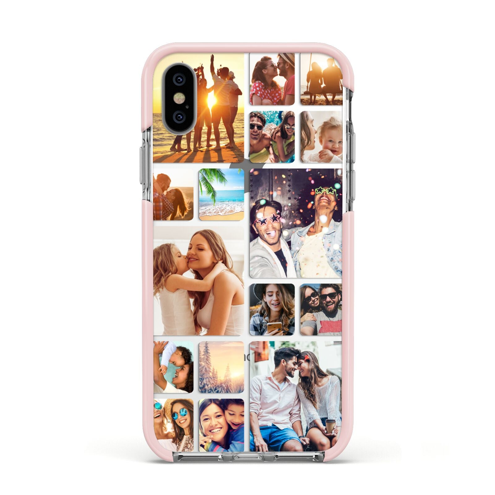 Round Edged Photo Montage Upload Apple iPhone Xs Impact Case Pink Edge on Silver Phone