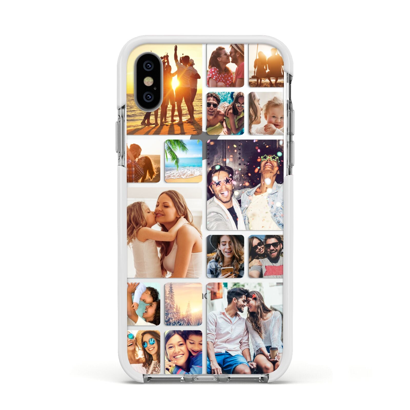 Round Edged Photo Montage Upload Apple iPhone Xs Impact Case White Edge on Silver Phone