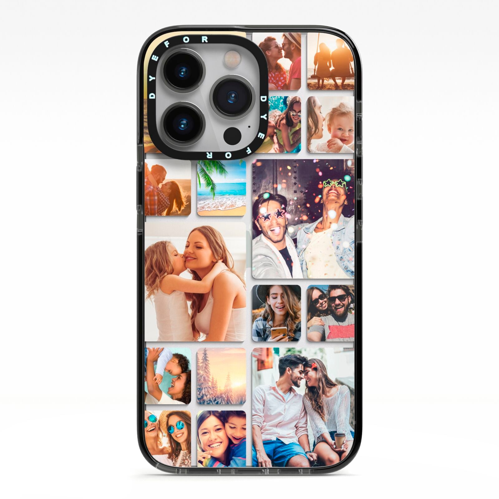 Round Edged Photo Montage Upload iPhone 13 Pro Black Impact Case on Silver phone