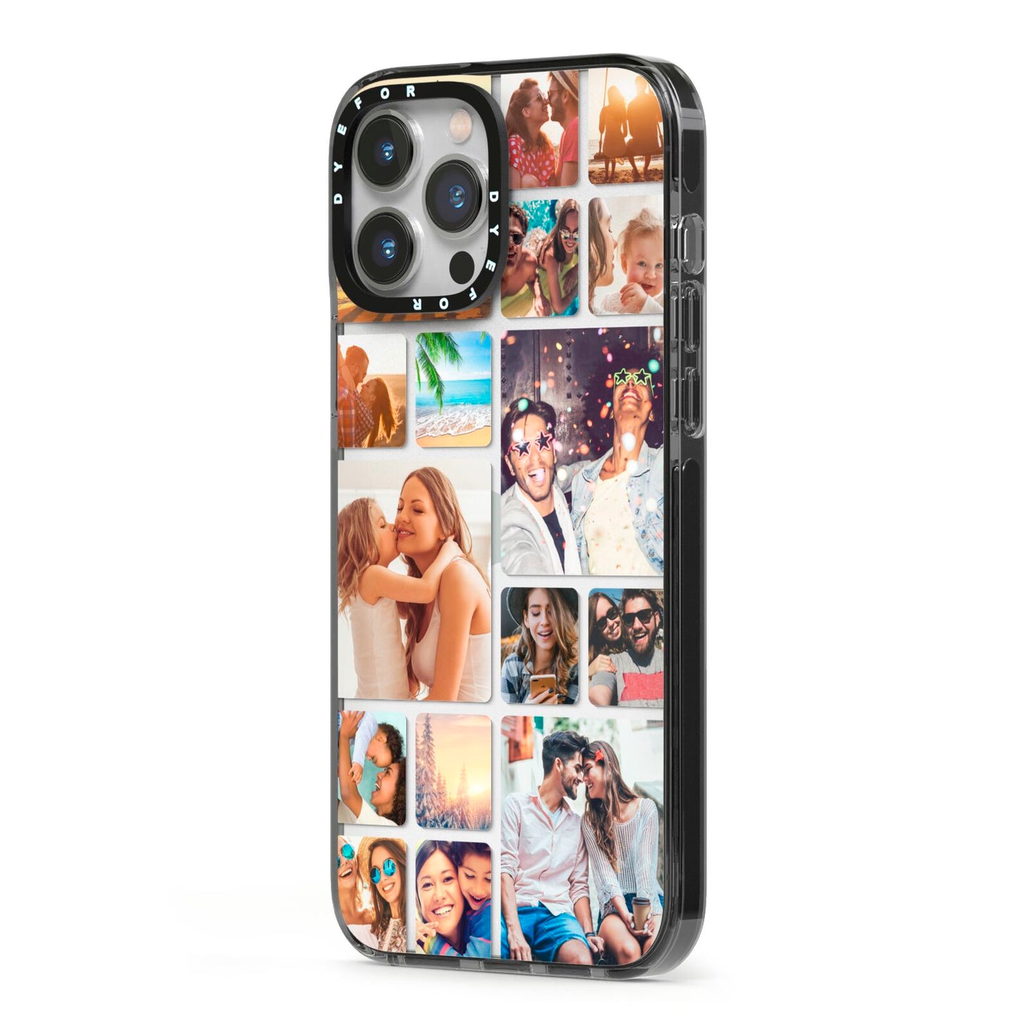 Round Edged Photo Montage Upload iPhone 13 Pro Max Black Impact Case Side Angle on Silver phone