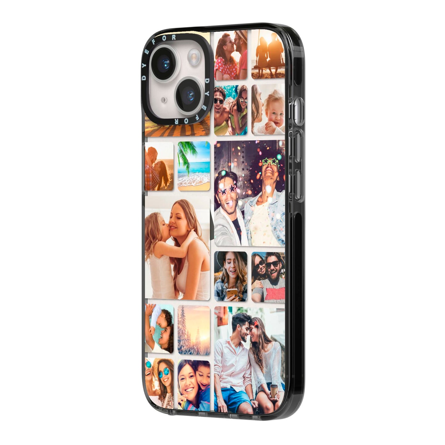 Round Edged Photo Montage Upload iPhone 14 Black Impact Case Side Angle on Silver phone