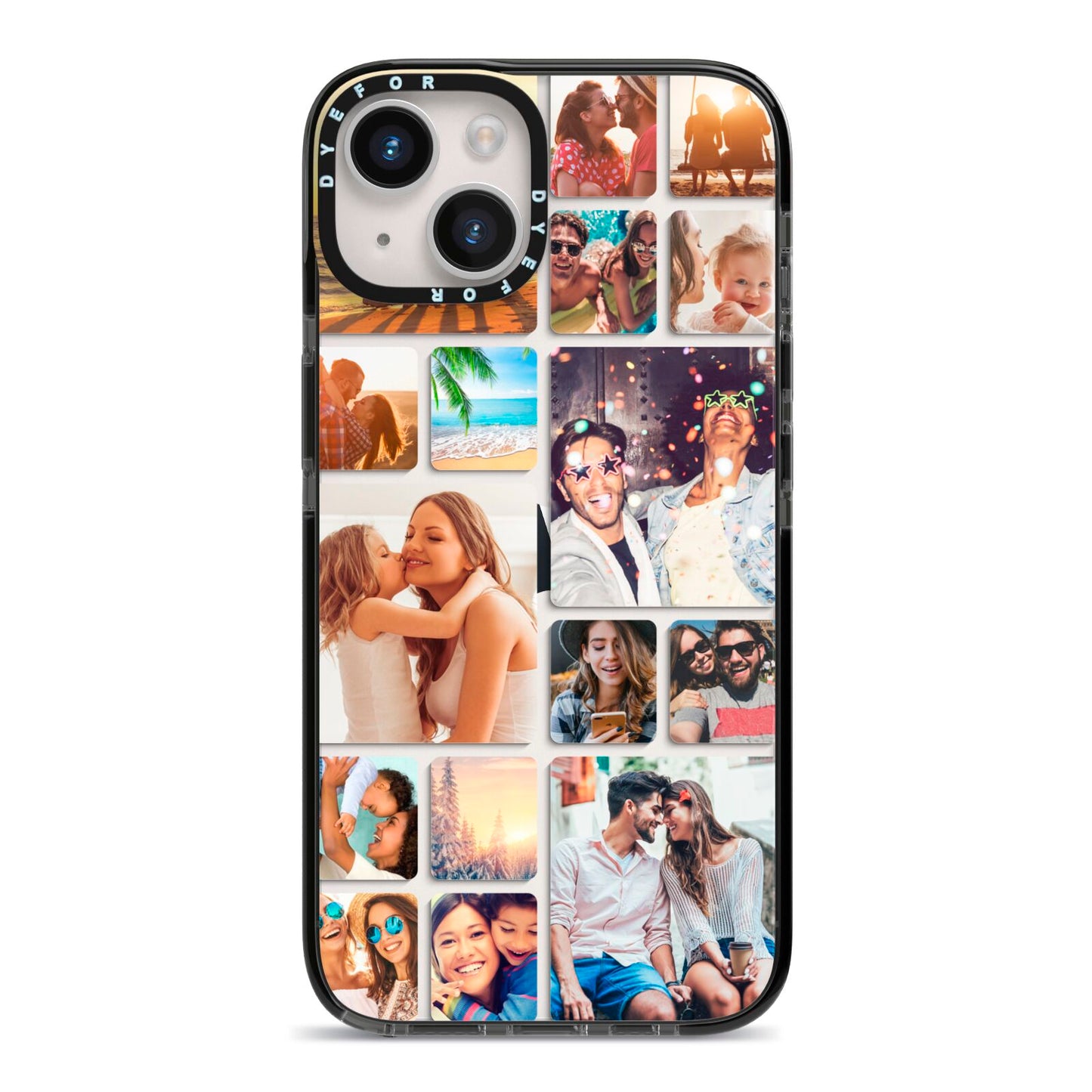 Round Edged Photo Montage Upload iPhone 14 Black Impact Case on Silver phone