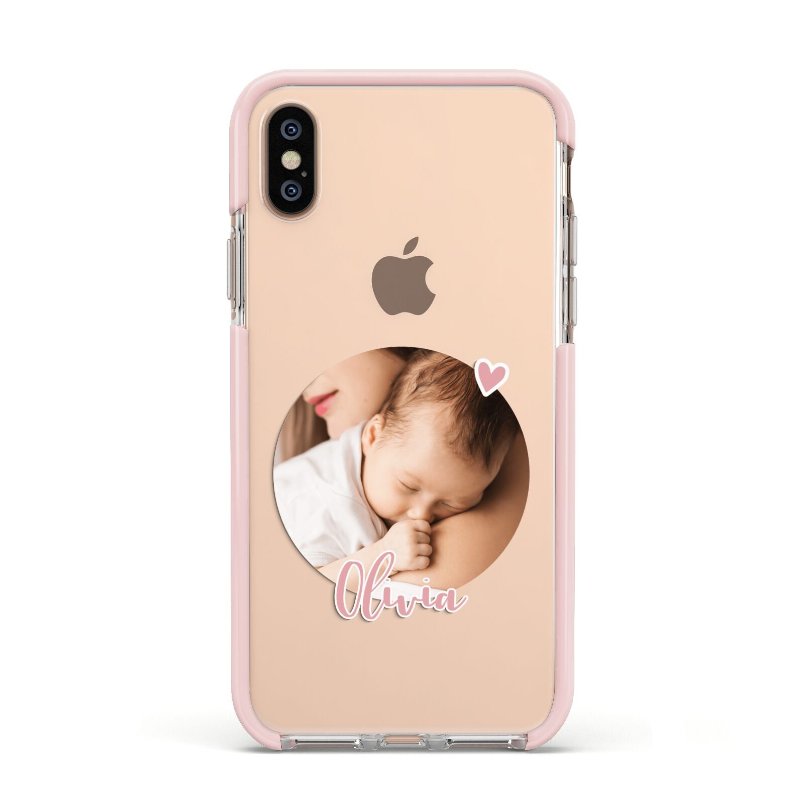 Round Photo Love Upload Apple iPhone Xs Impact Case Pink Edge on Gold Phone