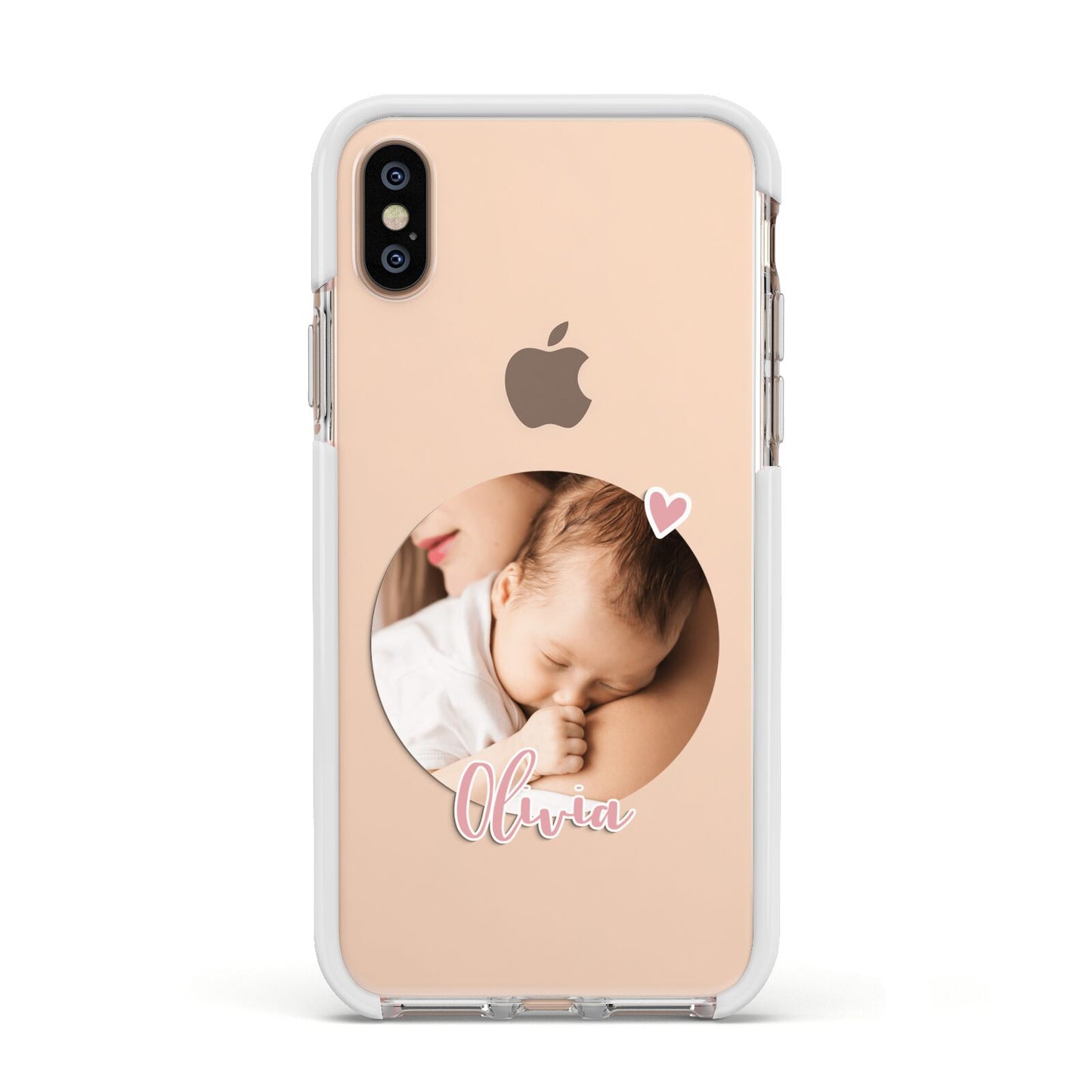 Round Photo Love Upload Apple iPhone Xs Impact Case White Edge on Gold Phone