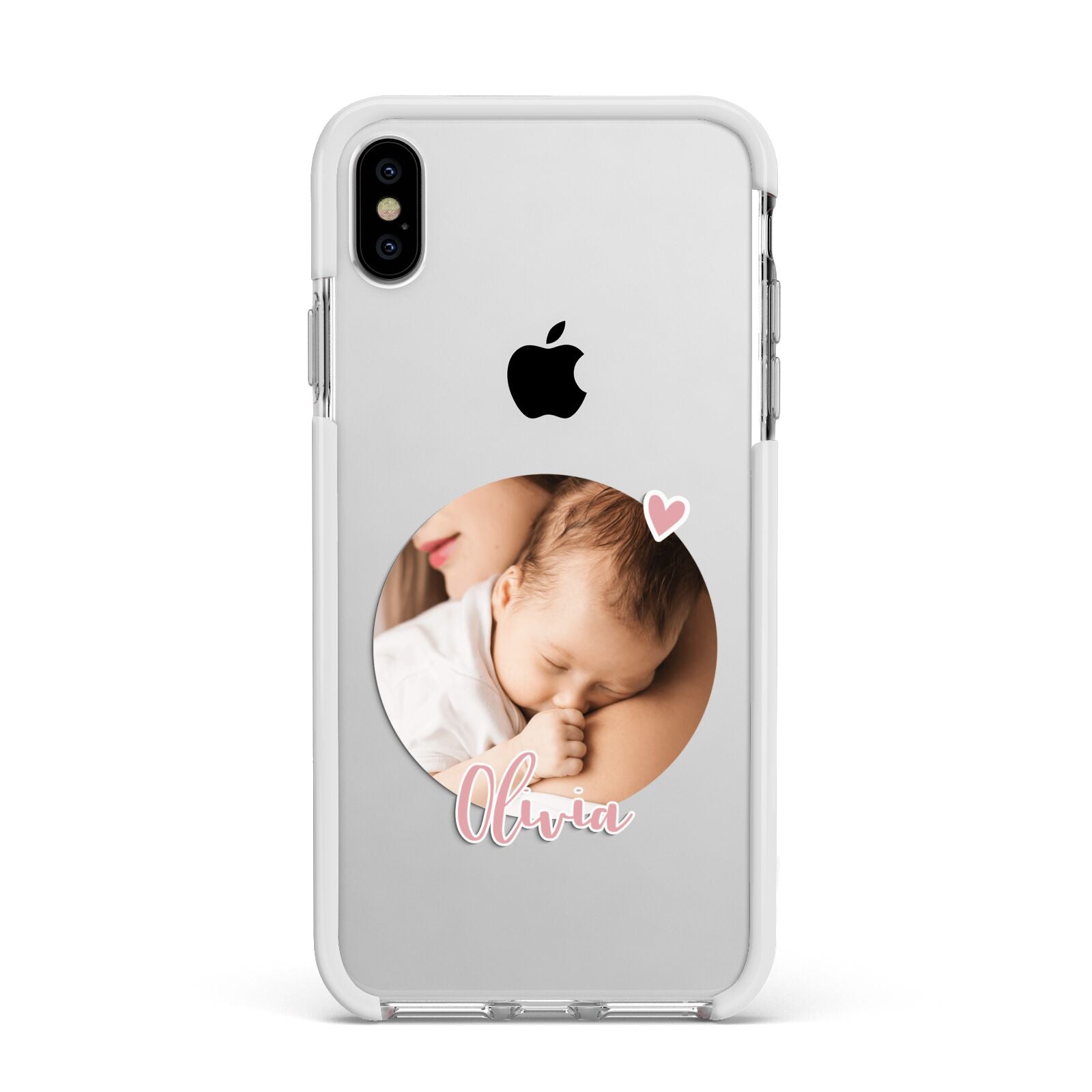 Round Photo Love Upload Apple iPhone Xs Max Impact Case White Edge on Silver Phone
