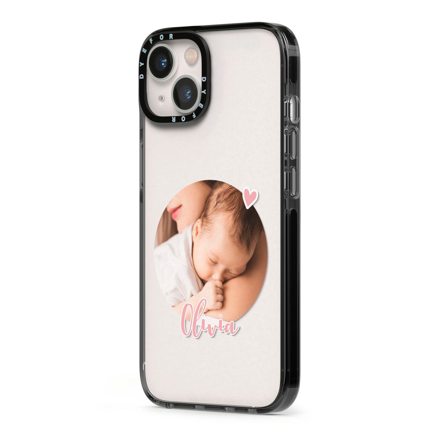 Round Photo Love Upload iPhone 13 Black Impact Case Side Angle on Silver phone