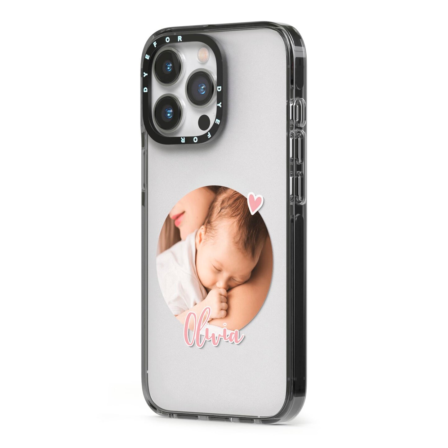 Round Photo Love Upload iPhone 13 Pro Black Impact Case Side Angle on Silver phone