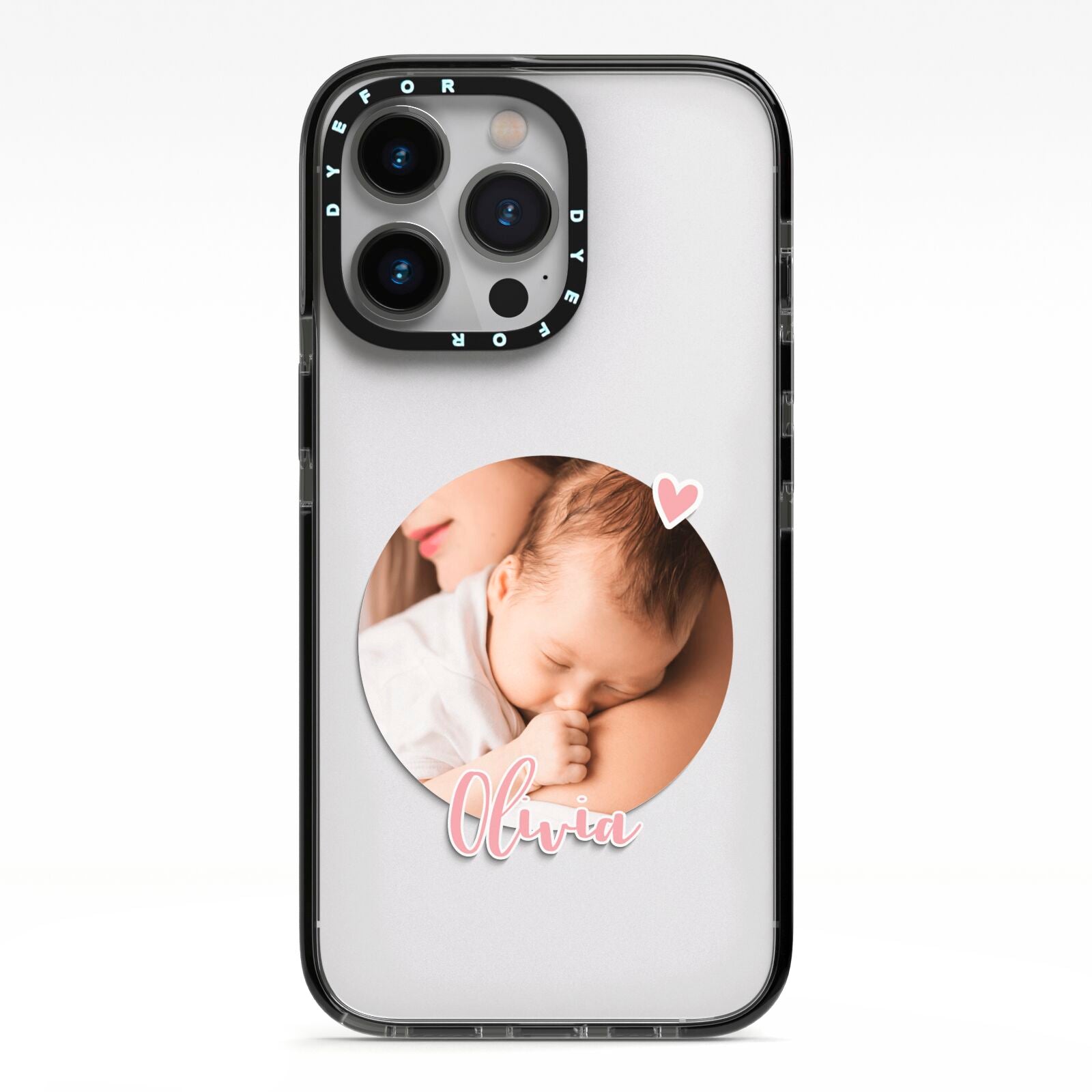 Round Photo Love Upload iPhone 13 Pro Black Impact Case on Silver phone