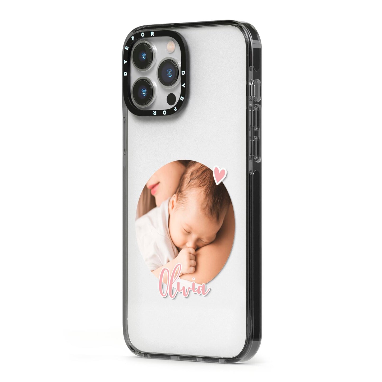 Round Photo Love Upload iPhone 13 Pro Max Black Impact Case Side Angle on Silver phone