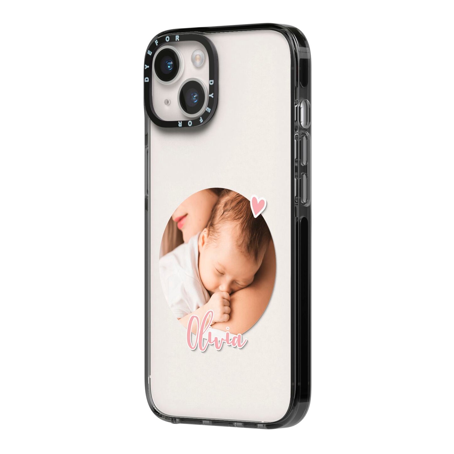 Round Photo Love Upload iPhone 14 Black Impact Case Side Angle on Silver phone