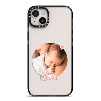 Round Photo Love Upload iPhone 14 Plus Black Impact Case on Silver phone