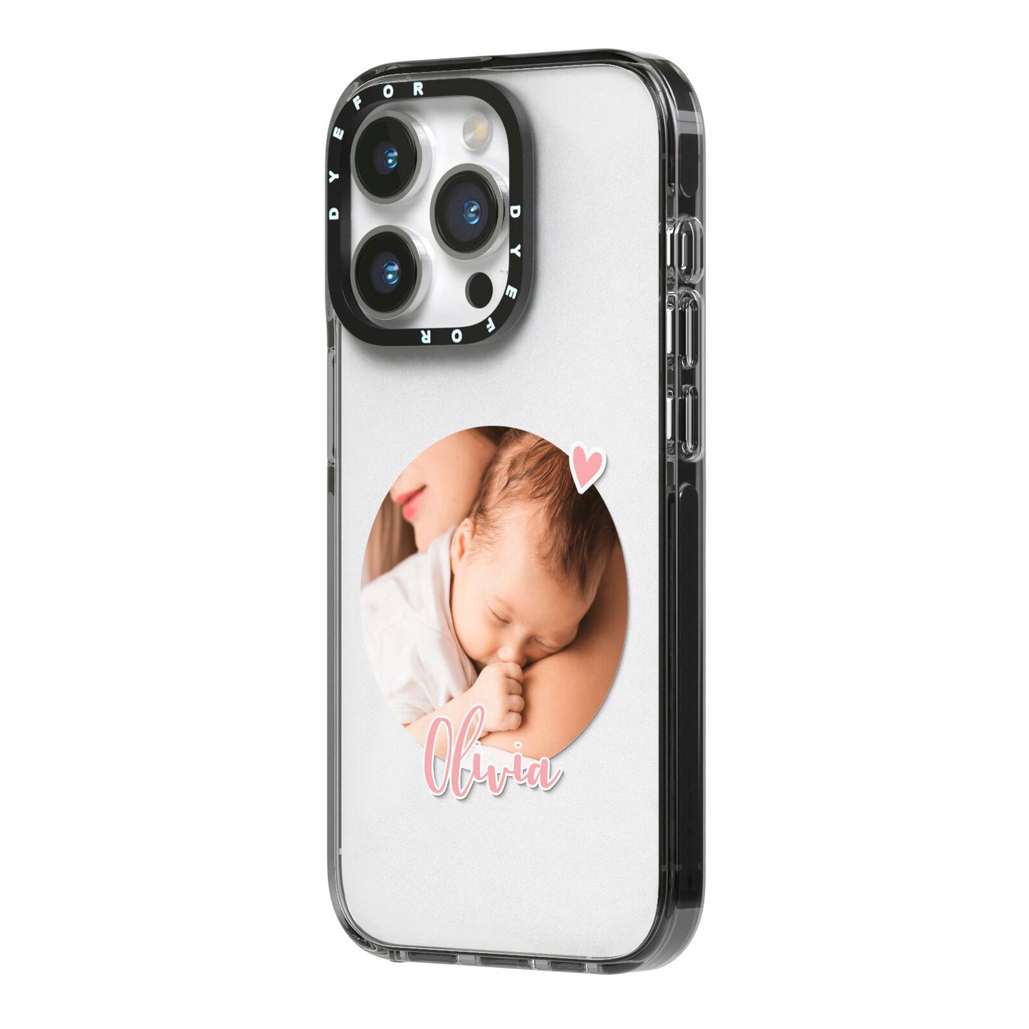 Round Photo Love Upload iPhone 14 Pro Black Impact Case Side Angle on Silver phone