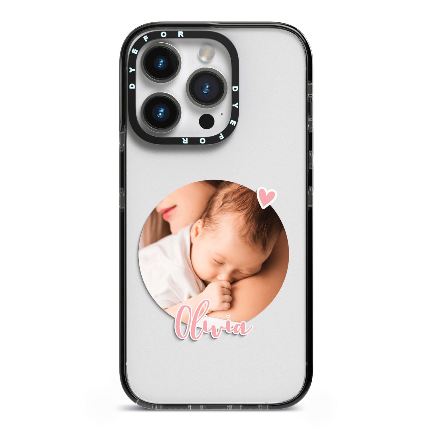 Round Photo Love Upload iPhone 14 Pro Black Impact Case on Silver phone