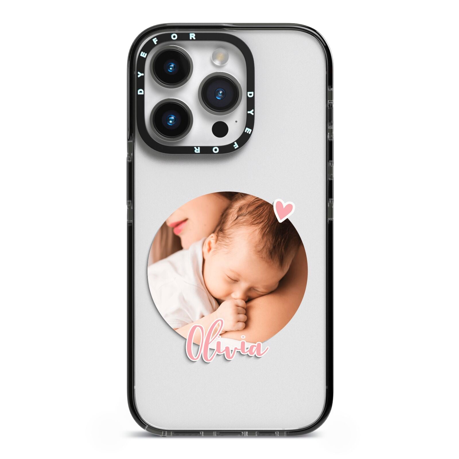 Round Photo Love Upload iPhone 14 Pro Black Impact Case on Silver phone