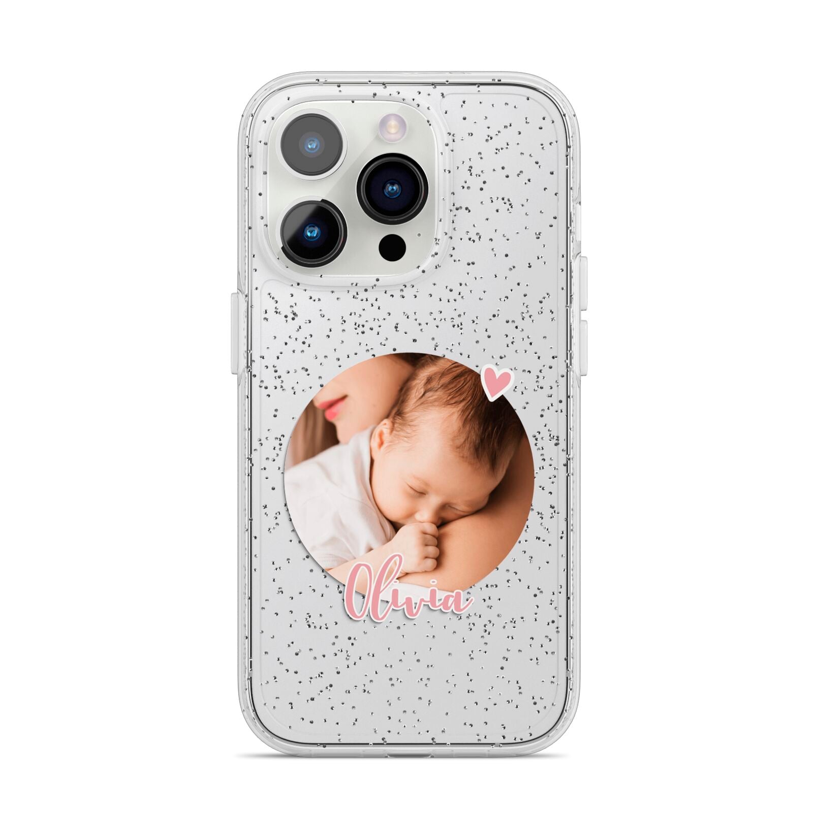 Round Photo Love Upload iPhone 14 Pro Glitter Tough Case Silver
