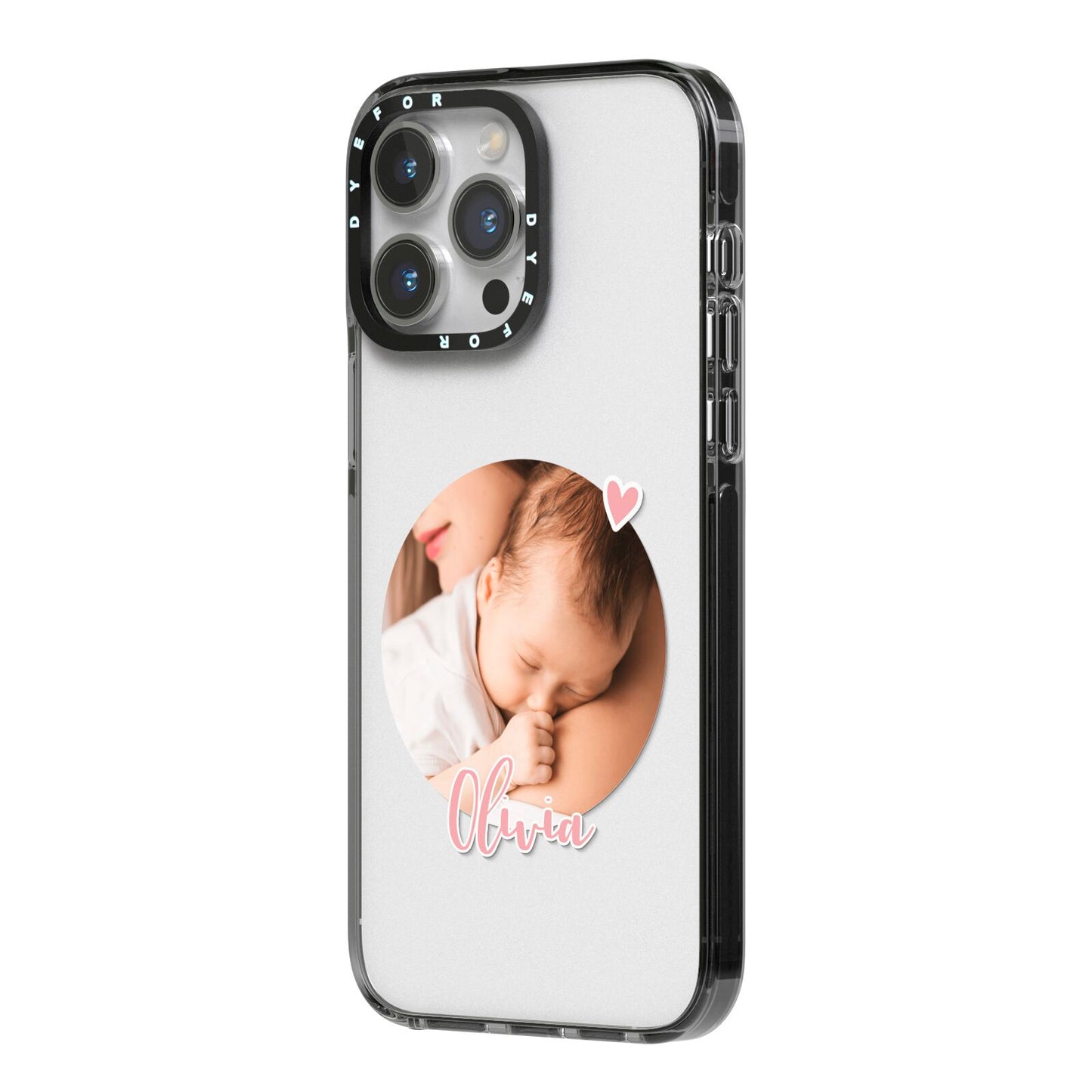 Round Photo Love Upload iPhone 14 Pro Max Black Impact Case Side Angle on Silver phone