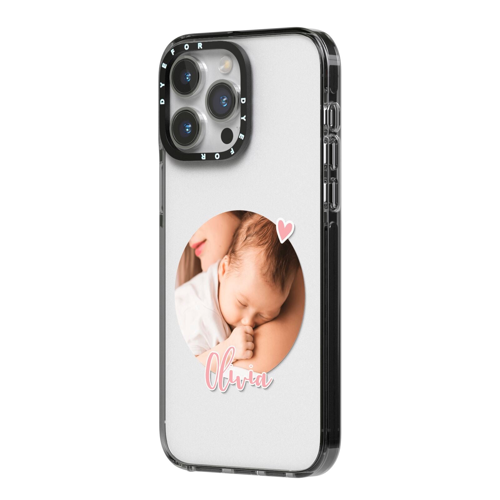 Round Photo Love Upload iPhone 14 Pro Max Black Impact Case Side Angle on Silver phone