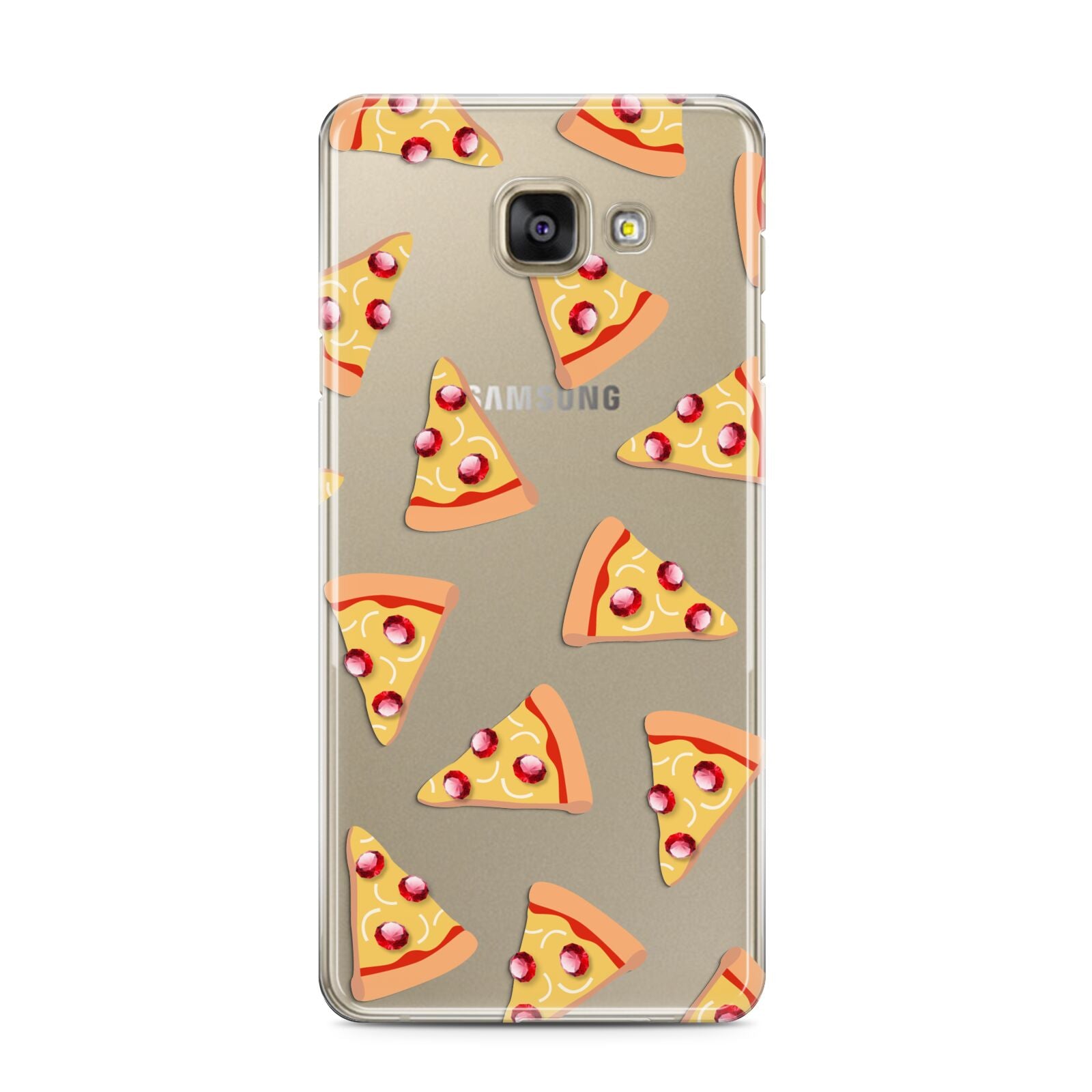 Rubies on Cartoon Pizza Slices Samsung Galaxy A3 2016 Case on gold phone