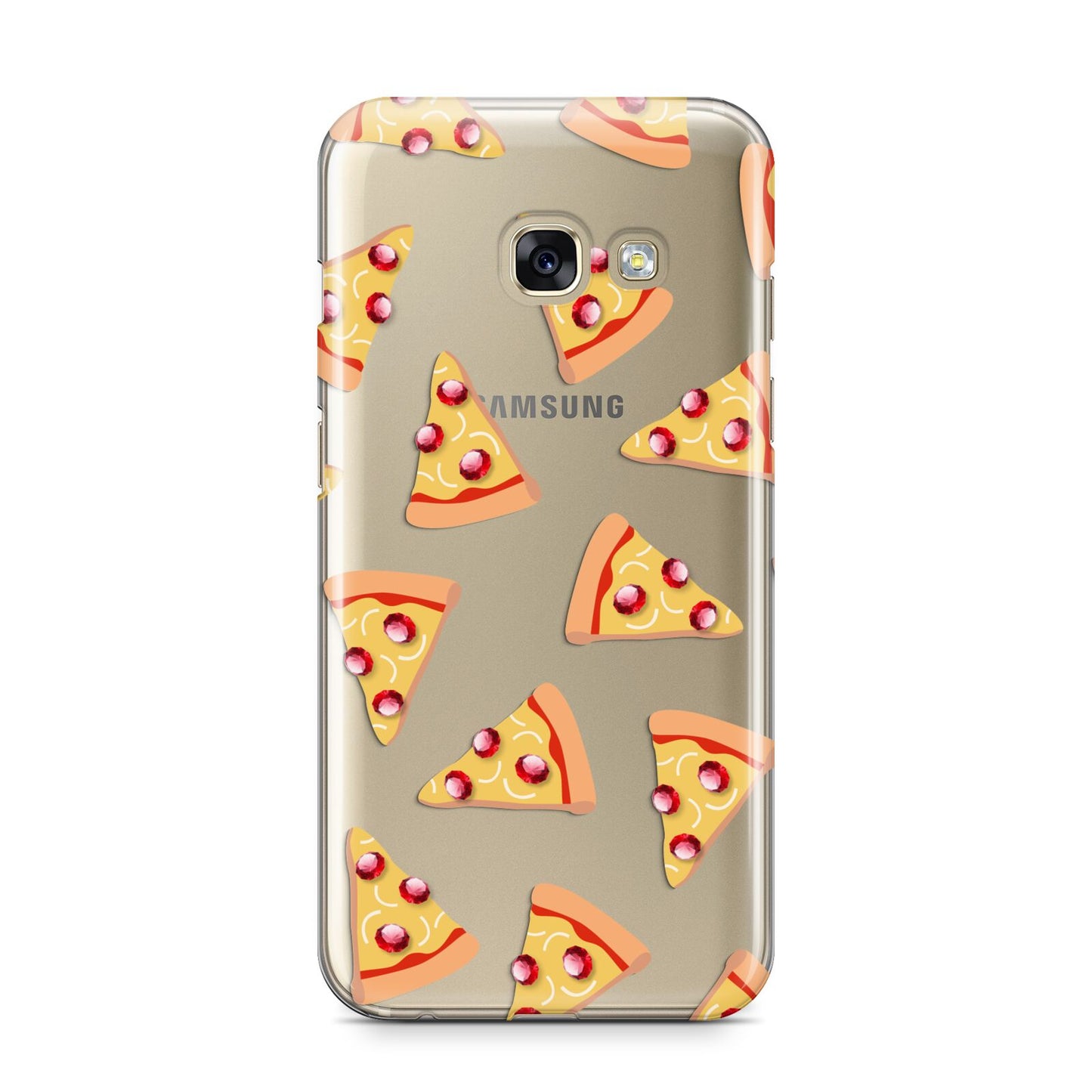 Rubies on Cartoon Pizza Slices Samsung Galaxy A3 2017 Case on gold phone
